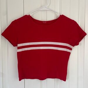 Brandy Melville Red Fitted Crop Tee with White Stripes